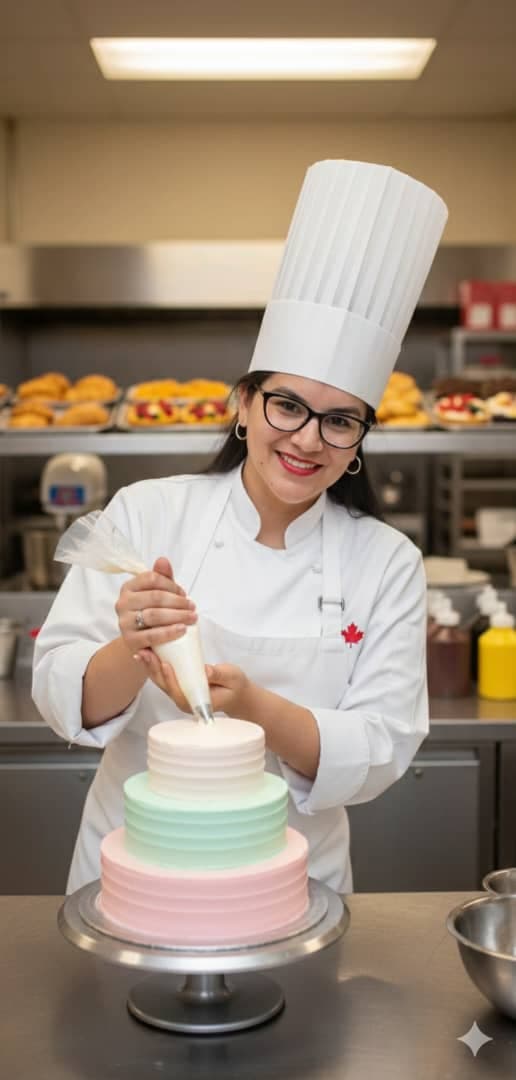 Repostera decorando un cake de tres pisos con rosas de fondant en colores pastel